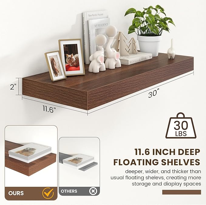 30 Inch Floating Shelves | 12 Inch Deep Walnut Floating Shelves | 30