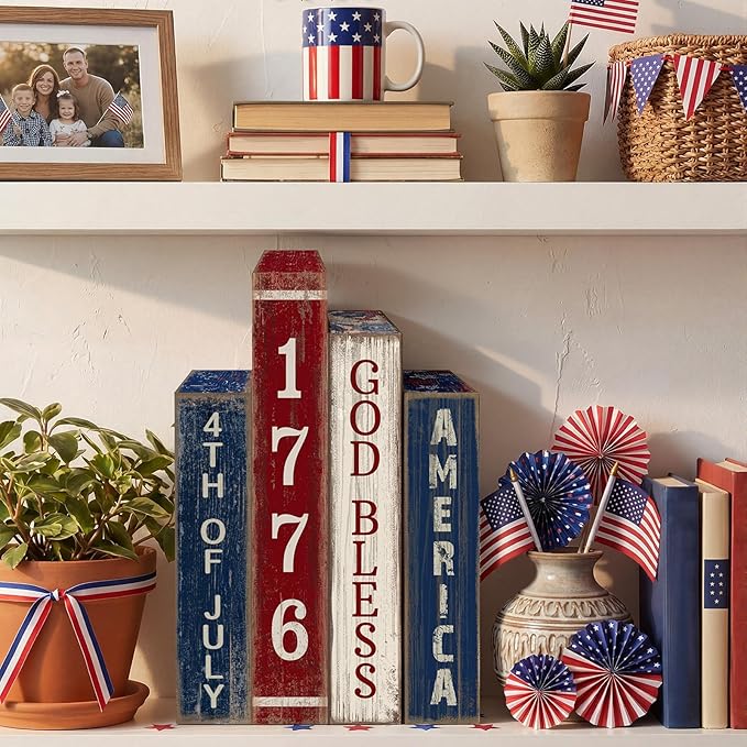 4 Pcs 4th of July Table Decoration Wooden Book 1776 God Bless America Decor Patriotic Tiered Tray Decor Farmhouse Red White and Blue American Block Signs for 250th Anniversary Home Shelf