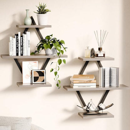 Floating Shelves, Wall Shelf Set of 2, Wall Mounted Shelves, 3-Tier Hanging Wall Shelves for Bathroom, Living Room, Bedroom, Kitchen, Office (Gray)