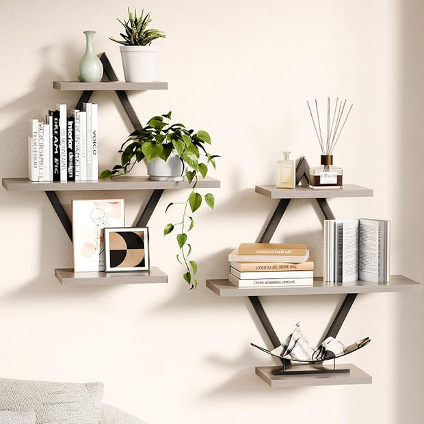 Floating Shelves, Wall Shelf Set of 2, Wall Mounted Shelves, 3-Tier Hanging Wall Shelves for Bathroom, Living Room, Bedroom, Kitchen, Office (Gray)