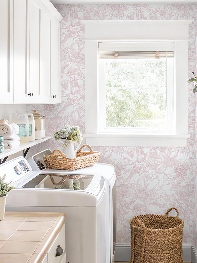 Ismoon Large Floral Peel and Stick Wallpaper Boho White/Pink Contact Paper 17.3inx32.7ft Removable Self Adhesive Bedroom Cabinet Mural Wall Decor Vinyl Roll