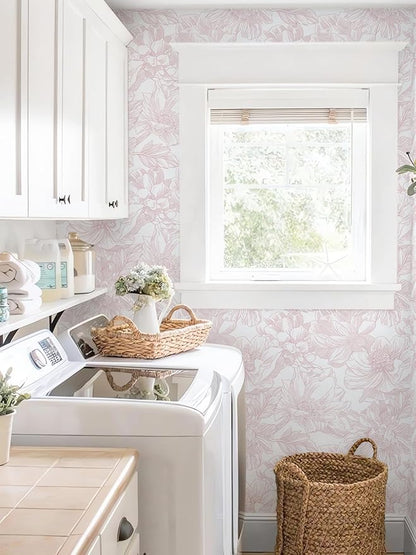 Ismoon Large Floral Peel and Stick Wallpaper Boho White/Pink Contact Paper 17.3inx32.7ft Removable Self Adhesive Bedroom Cabinet Mural Wall Decor Vinyl Roll