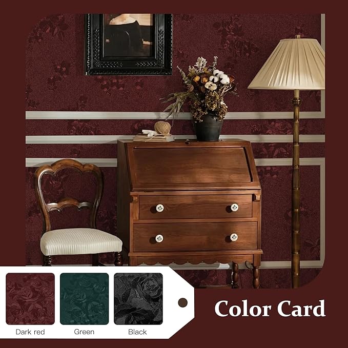 Dimoon 17.7''x236.2''Dark Red Peel and Stick Wallpaper Gothic Floral Wall Paper Contact Paper Closeout Renter Friendly Modern Self Adhesive(236.2''x17.7'', Dark Red Floral Textured)