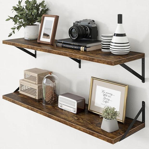 Axeman Deep Floating Shelves - 40 Inch Floating Shelves Set of 2-12 Inch Deep Brown Wood Wall Shelves for Living Room Bathroom Kitchen
