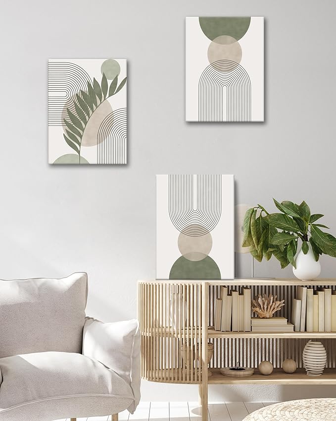 HesenDot 40x60CM Sage Green Boho Wall Art, Botanical Geometric Framed Canvas Bathroom Wall Art, Mid-Century Modern Wood Frame Abstract Prints for Living Room Bedroom Bathroom Home Decor, Set of 3