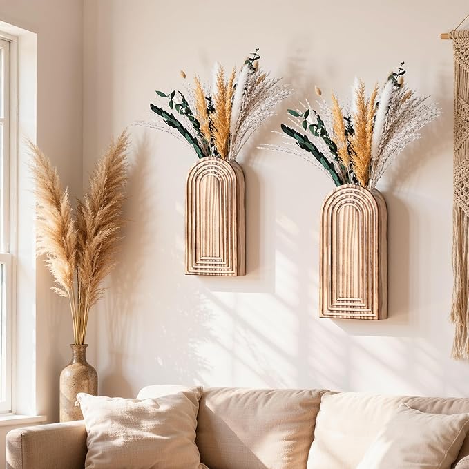 DREAMLOOM 2 Pack Wooden Wall Vases with Dried Pampas Grass and Eucalyptus Plants, Wall Hanging Planters Boho Modern Farmhouse Indoor for Narrow Spaces Entryway Bathroom Home Office Decoration, Retro