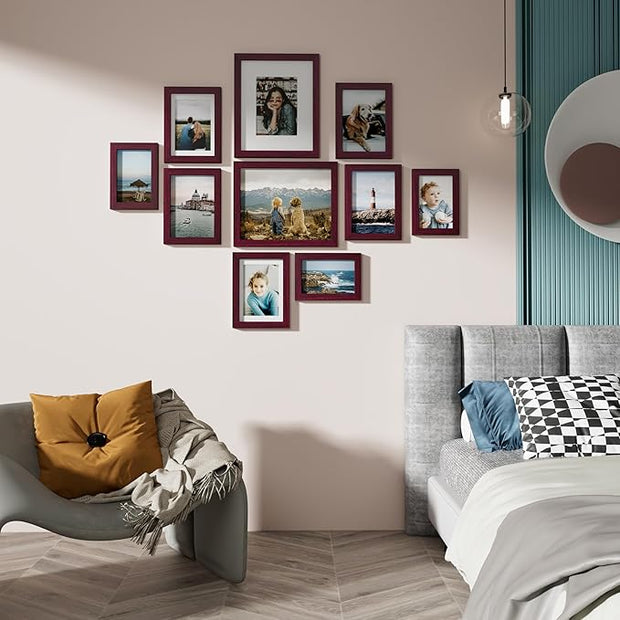Vittanly Picture Frames Set of 10, Picture Frames Collage Wall Decor with Two 8x10, Four 5x7 and Four 4x6 Photo Frames, Gallery Wall Frame Set for Wall or Tabletop Display, Cherry Red