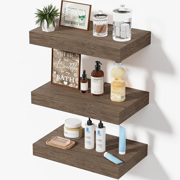 Floating Shelves for Wall, Bathroom Shelves Over Toilet, Wall Shelves & Book Shelf for Room, Hanging Shelf, Wooden Wall-Mounted Small Floating Shelves, 12 x 7 x 1.5 in (Smoke Gray, Set of 3)