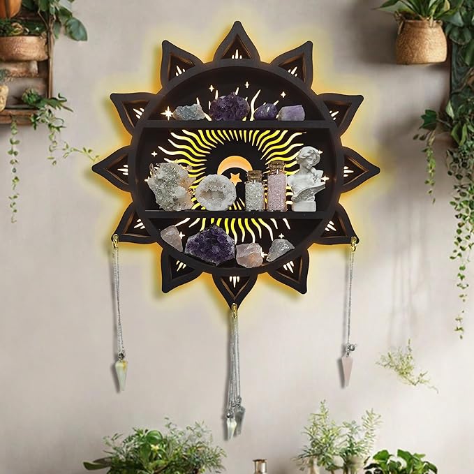Chakra Lotus Flower Crystal Display Shelf with LED Light, Witchy Home Decor Boho Decorative Wall Mounted Trinket Shelf Wooden Sun Moon Shelf Rock Case Stone Storage Floating Hanging Holder
