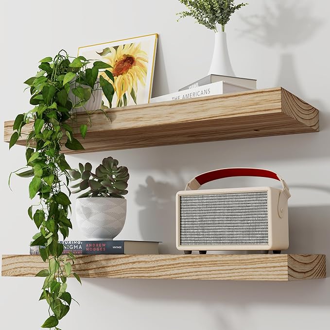 Axeman Floating Shelves, 2 Pack 8 Inch Deep Modern Solid Wood Wall Shelves for Storage, Wall Mounted Display Shelving with Invisible Heavy-Duty Metal Bracket, 24