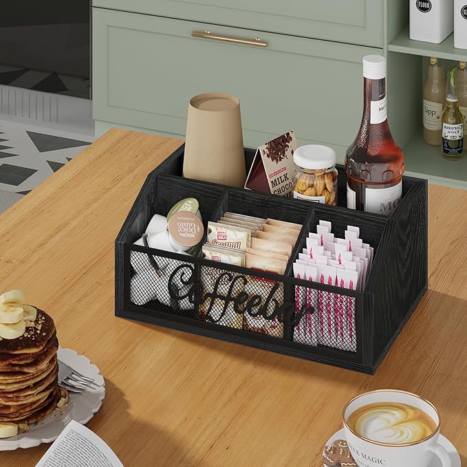 YINMIT Coffee Station Organizer for Countertop, Wood Coffee Bar Organizer with Removable Dividers for Pods, Syrup, Cups, Stirrer, Tea - Office Bar Accessories, Iron Mesh-Black