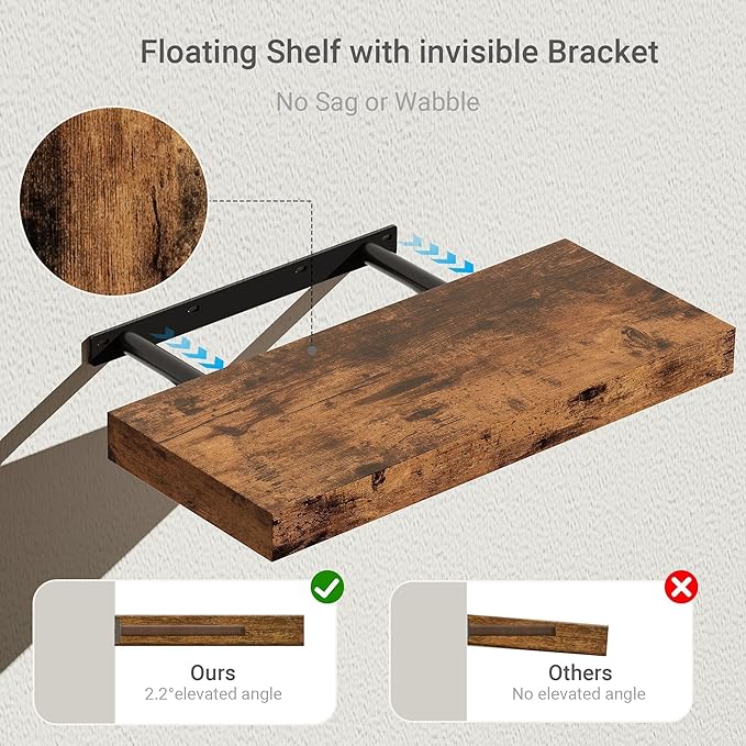 Vivelove Floating Shelves for Wall 16 inchs Long, Bathroom Shelves Over Toilet, for Bedroom, Living Room, Kitchen, Farmhouse Decor, Rustic Wall Shelves with Invisible Brackets - Set of 2, Rustic Brown
