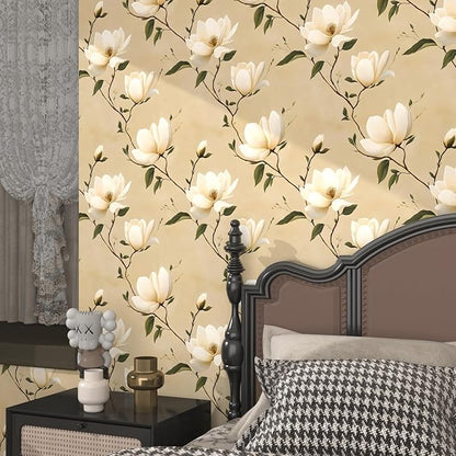 Vintage Floral Peel and Stick Wallpaper Khaki White Flowers Contact Paper 17.5"X118" Vinyl Waterproof Self Adhesive Removable Boho Modern Green Leaf Wall Paper for Cabinets Bathroom Walls Bookcase