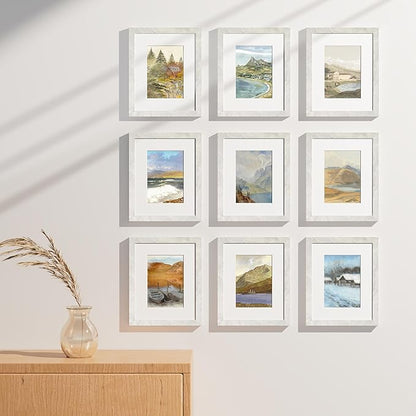 Vittanly 8x10 Picture Frames Set of 9, Shatter Resistant Plexiglass, Display 5x7 Pictures with Mat or 8x10 without Mat, Photo Frames for Wall or Tabletop, Engineered Wood, Vintage Marble White