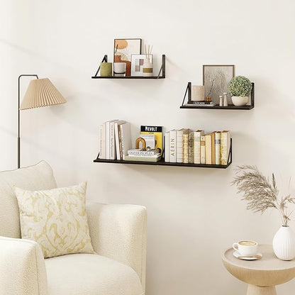 Heimlove Black Deep Floating Shelves for Wall, 16W x 8D Wood Wall Shelves Set of 2, Wide Floating Bookshelf for Living Room, Kitchen, Office, Bedroom and Decor Storage, with Metal Bracket - Black