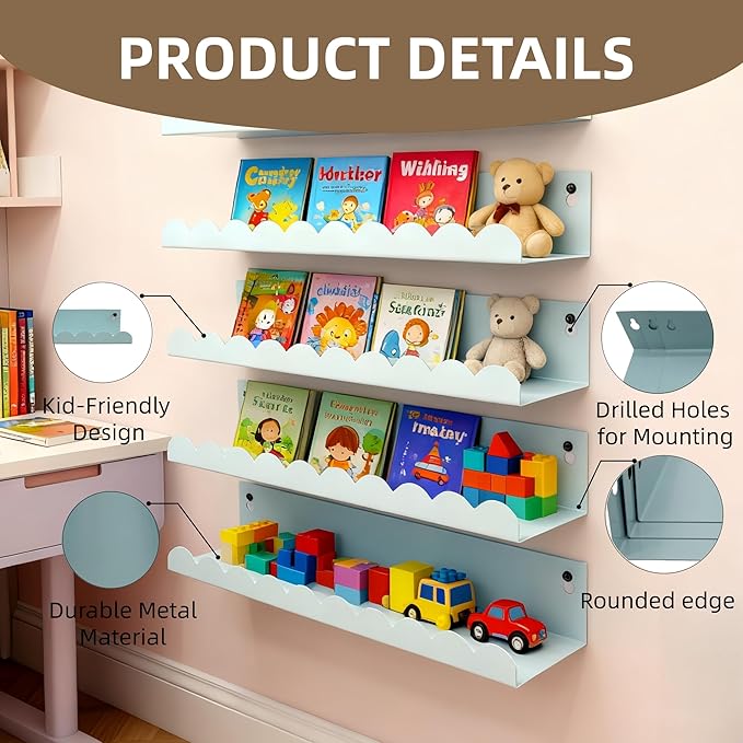 Nursery Book Shelves Set of 6, Blue Metal Floating Shelves for Wall, 16 Inch Scalloped Book Shelf for Kids Room, Bathroom, Bedroom, Playroom Wall Decor & Storage