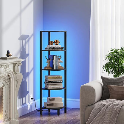 TUTOTAK Corner Shelf with LED Light, 5-Tier Corner Bookshelf for Small Space, Narrow Display Corner Shelf Stand with Storage Rack, for Living Room, Bedroom, Black BS08BK005L