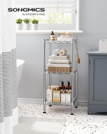 SONGMICS 3-Tier Bathroom Shelf, Storage Rack for Small Space, with 3 PP Shelf Liners, Removable Hook, Extendable Design, Silver and Translucent ULGR103E01