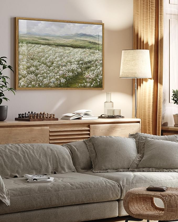 SHENIFY 24x36in Large Vintage Landscape Framed Canvas Wall Art Countryside Flower Field Classic Paintings Farmhouse Bathroom Office Decor - Natural Framed