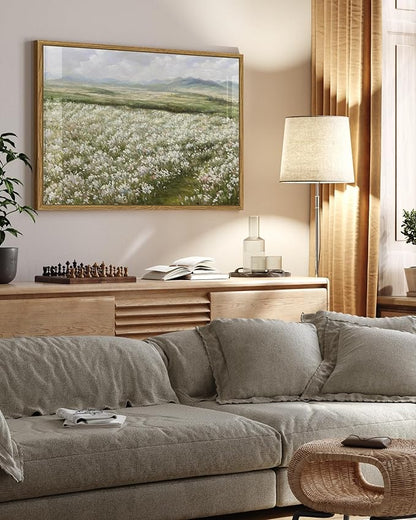 SHENIFY 24x36in Large Vintage Landscape Framed Canvas Wall Art Countryside Flower Field Classic Paintings Farmhouse Bathroom Office Decor - Natural Framed