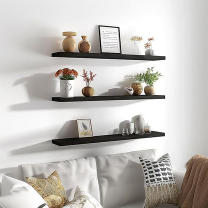 36 Inch Black Wood Floating Shelves for Wall Rustic Wall Shelf for Bedroom Living Room Set of 4