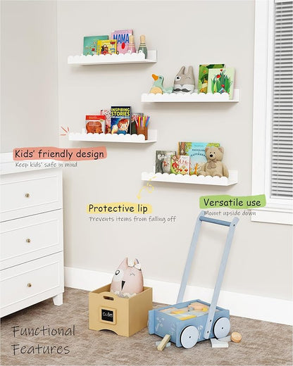 Scalloped Nursery Floating Shelves for Wall Set of 4, White Kids Book Shelves Wall Mounted, Cloud Hanging Bookshelf for Baby Toddler Child Girls Boys Room Bathroom Bedroom Toys (Pine Wood)