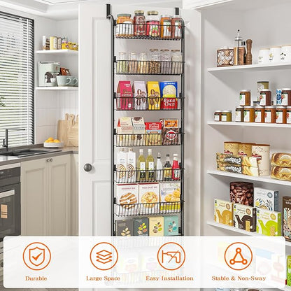 MIAOLI Over the Door Pantry Organizers and Storage, 8-Tier Spice Rack, Home & Kitchen Storage Shelves for Cabinet, Large Capacity Hanging Seasoning Organizer, Laundry Room Organization, Black