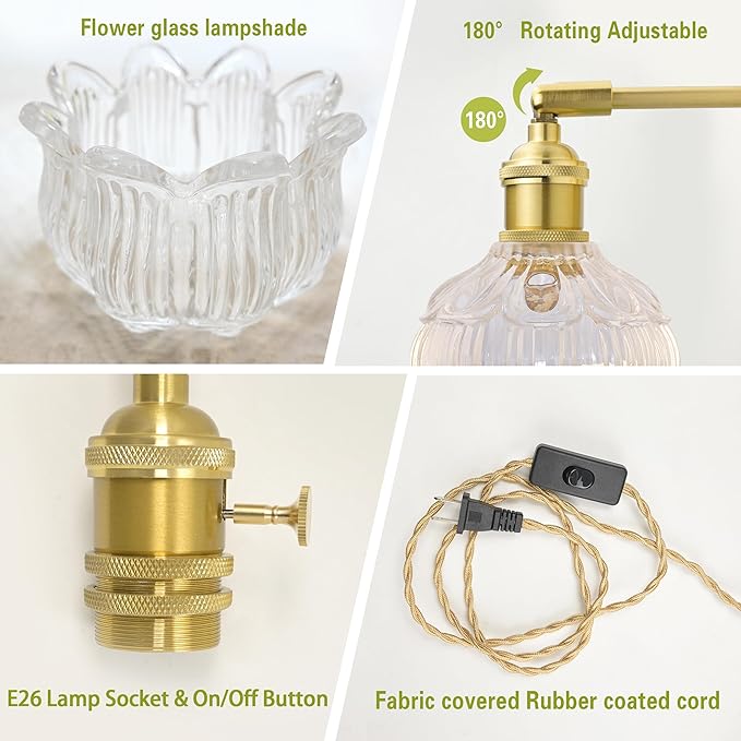 Plug in Wall Sconces,Plug in Wall Lamp, Vintage Wall Light with Clear Tulip Glass Lampshade, 3-Way Dimmable with Dual Switches, No Wiring Needed for Bedroom Wall Decor and Hallway