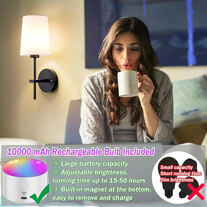Battery Operated Wall Sconce Set of 2, Wireless Dimmable Battery Powered Wall Lamp with Remote Control, White Fabric Shade for Bedroom, Easy To Install, 3 Color Temp Bulb Included
