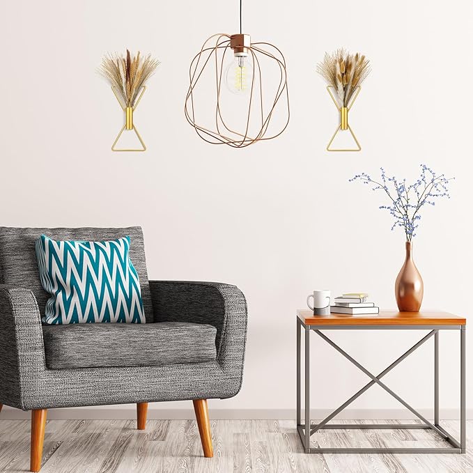 Peryiter 2 Pcs Boho Gold Wall Decor Metal Wall Art X Shaped Hanging Planters with Artificial Pampas Modern Home Gold Bathroom Decor for Bedroom Living Room