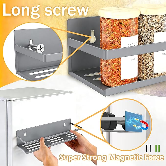 Magnetic Spice Rack for Refrigerator Seasoning Organizer for Spice Fridge Shelf storage Magnetic Shelf with Hook for Oven(4pack-Cut out-Grey)