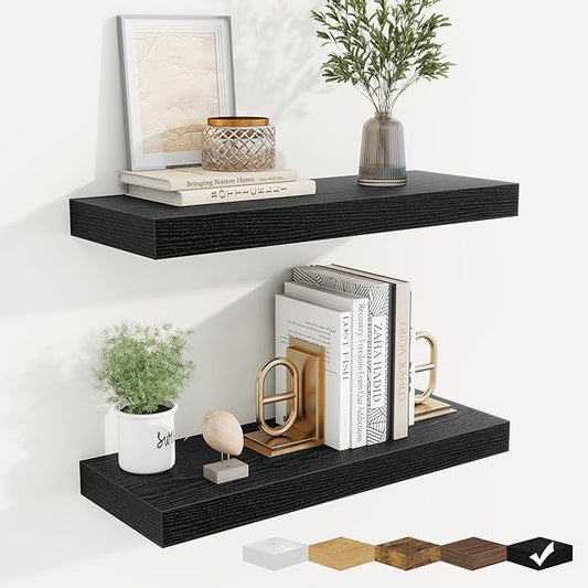 fuqing Floating Shelves for Wall, Wall Mounted Wood Floating Shelf with Invisible Brackets for Living Room, Bathroom, Bedroom, Kitchen Storage and Decor, 20 Inch Set of 2, Black