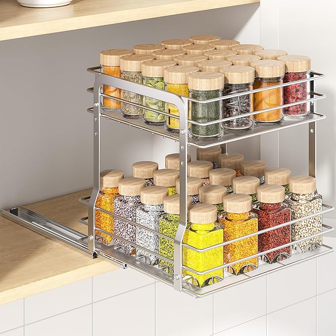 Pull Out Spice Rack Organizer for Inside Cabinet, 2 Tier Metal Spice Organization for Cabinet, Vertical Slide Out Seasoning Organizer, 9.65