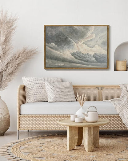SHENIFY Landscape Framed Canvas Wall Art 24x36in Large Vintage Classical Clouds in the Sky Prints Hallway Bathroom Office Decor - Natural Framed