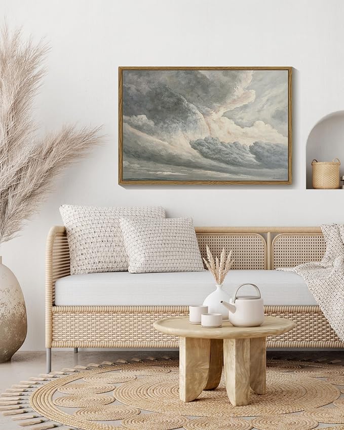 SHENIFY Landscape Framed Canvas Wall Art 24x36in Large Vintage Classical Clouds in the Sky Prints Hallway Bathroom Office Decor - Natural Framed