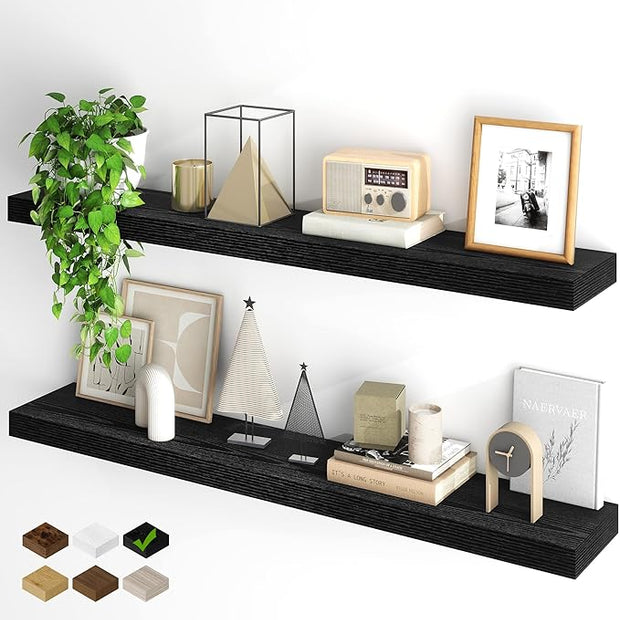 Fun Memories Floating Shelves for Wall, 48Inch Floating Shelves Set of 2, Hanging Shelf with Invisible Brackets, Wood Shelves for Living Room, Bedroom, Kitchen, Black