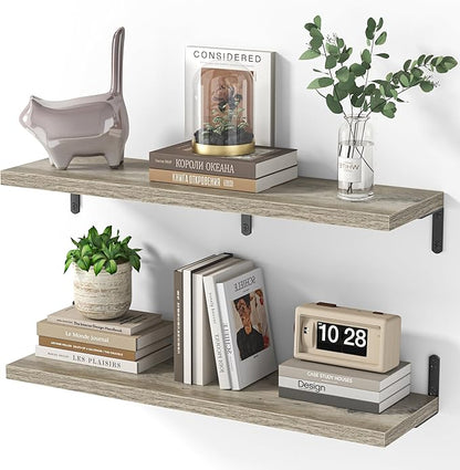 Marsmiles Extra Wide Floating Shelves for Wall, 32x8 Inch Natural Wood Grain Bookshelves, Heavy Duty Mounted Shelving for Bathroom, Kitchen, Living Room, Bedroom,Set of 2，Grey