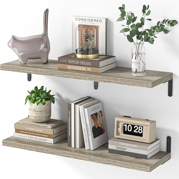 Marsmiles Extra Wide Floating Shelves for Wall, 32x8 Inch Natural Wood Grain Bookshelves, Heavy Duty Mounted Shelving for Bathroom, Kitchen, Living Room, Bedroom,Set of 2，Grey