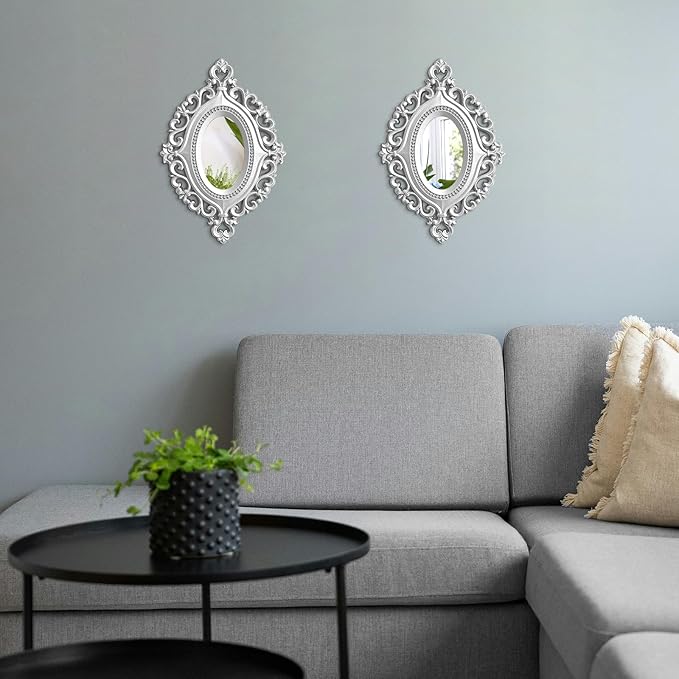 Cityelf 2 Set Oval Wood Carved Wall Mirror Baroque 3D Relief Rustic Home Decor Small Decorative Hanging Mirrors for Living Room, Bedroom Entrance Wall Sculpture