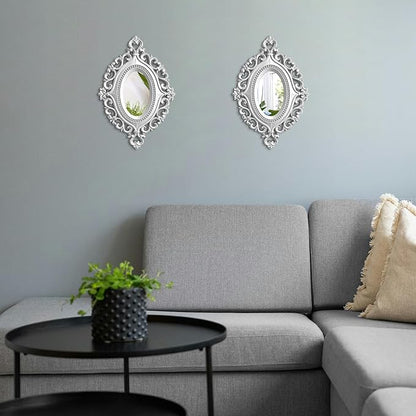 Cityelf 2 Set Oval Wood Carved Wall Mirror Baroque 3D Relief Rustic Home Decor Small Decorative Hanging Mirrors for Living Room, Bedroom Entrance Wall Sculpture