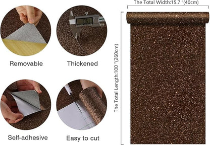 CHIHUT Dark Brown Glitter Peel and Stick Wallpaper Brown Glitter Contact Paper for Cabinets Bedroom Walls Removable Self Adhesive Decorative Wallpaper Fabric Roll for Drawer Gift DIY 15.7''x100''