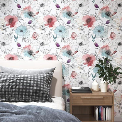Floral Peel and Stick Wallpaper, Watercolor Flowers Contact Paper,Large Blooming Flower Botanical Wall Paper Self Adhesive Removable for Shelves Cabinet Table Decor 17.5" x 118"- White, Pink, Blue