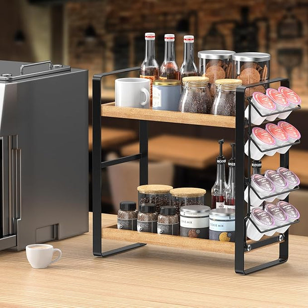 Coffee Station Organizer for Counter,Condiment Storage Caddy for Kitchen,2 Tier Wooden Shelf for Coffee Bar Accessories,Coffee Bar Organizer for Kitchen, Home, Office-Brown