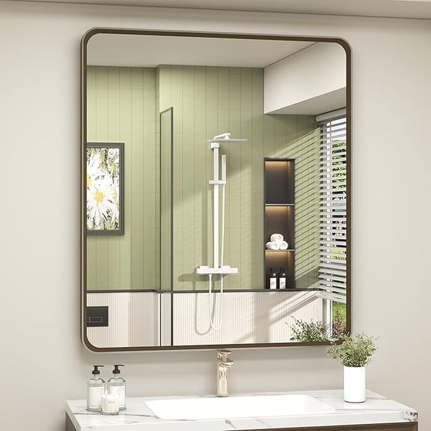 OKPAL 28x32 Bronze Bathroom Mirror Over Sink, Brushed Bronze Vanity Mirror, Rounded Bronze Rectangle Mirror for Farmhouse, Anti-Rust, Wall Mounted (Horizontal/Vertical)