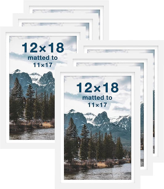 FrameWorks 12x18 mat to 11x17 Classic Wooden Picture Frames Tempered Glass/White / 6-Pack