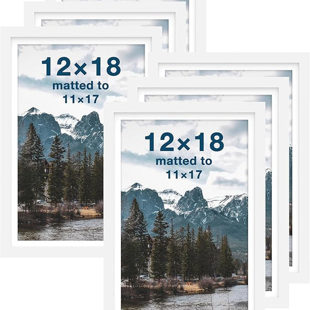 FrameWorks 12x18 mat to 11x17 Classic Wooden Picture Frames Tempered Glass/White / 6-Pack