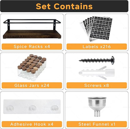 4-Tier Wall Mount Spice Rack Organizer with 24 Glass Jars, 216 Labels & Funnel - Screw/Adhesive Mount, Black Metal & Wood Spice Storage for Kitchen Pantry Cabinet, 11.6”L x 2.4”W x 3.2”H