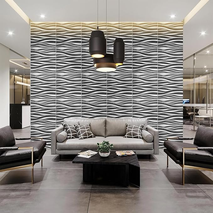 STICKGOO 3D Wall Panels, Brushed Silver Decorative Wall Covering Panels, Wave Wall Panels for Interior Wall Decor, PVC Accent Tiles for Living Room, TV Backdrop