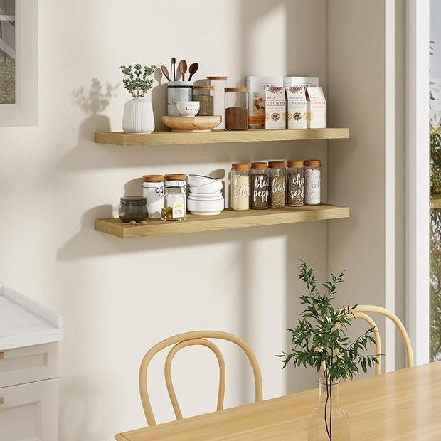 Fun Memories 48 Inch Floating Shelves, 9.3 Inch Deep Wall Shelves for Bathroom, Living Room, Bedroom, Kitchen, Deep Long Shelf Wall Mounted 2 Pack Shelf for Books, Decor, Oak