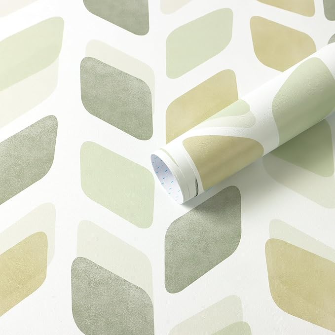 Boho Peel and Stick Wallpaper Checkered Contact Paper Neutral Geometric Wall Paper Modern Self Adhesive Removable Wallpaper for Bathroom Kitchen Cabinets Waterproof(Green/Yellow,17.3in X 32.8ft)